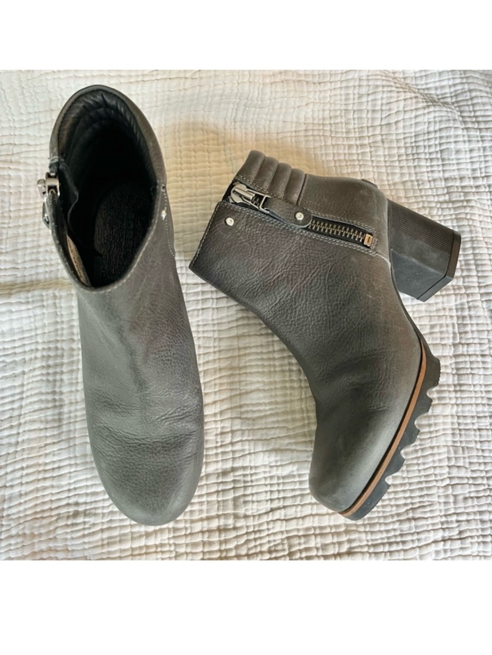 SOREL | Gray Danica Zip Waterproof Leather Heeled Ankle Boot Booties